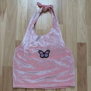 COPY - ROMWE Butterfly Embroidery Pink Velvet Halter Top